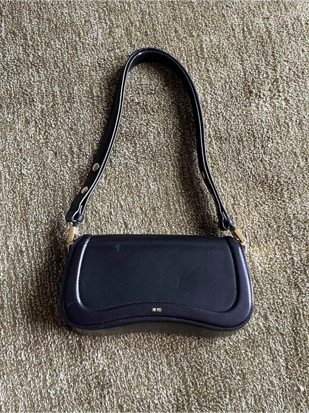 JW PEI Black Curved Shoulder Bag with Gold Hardware